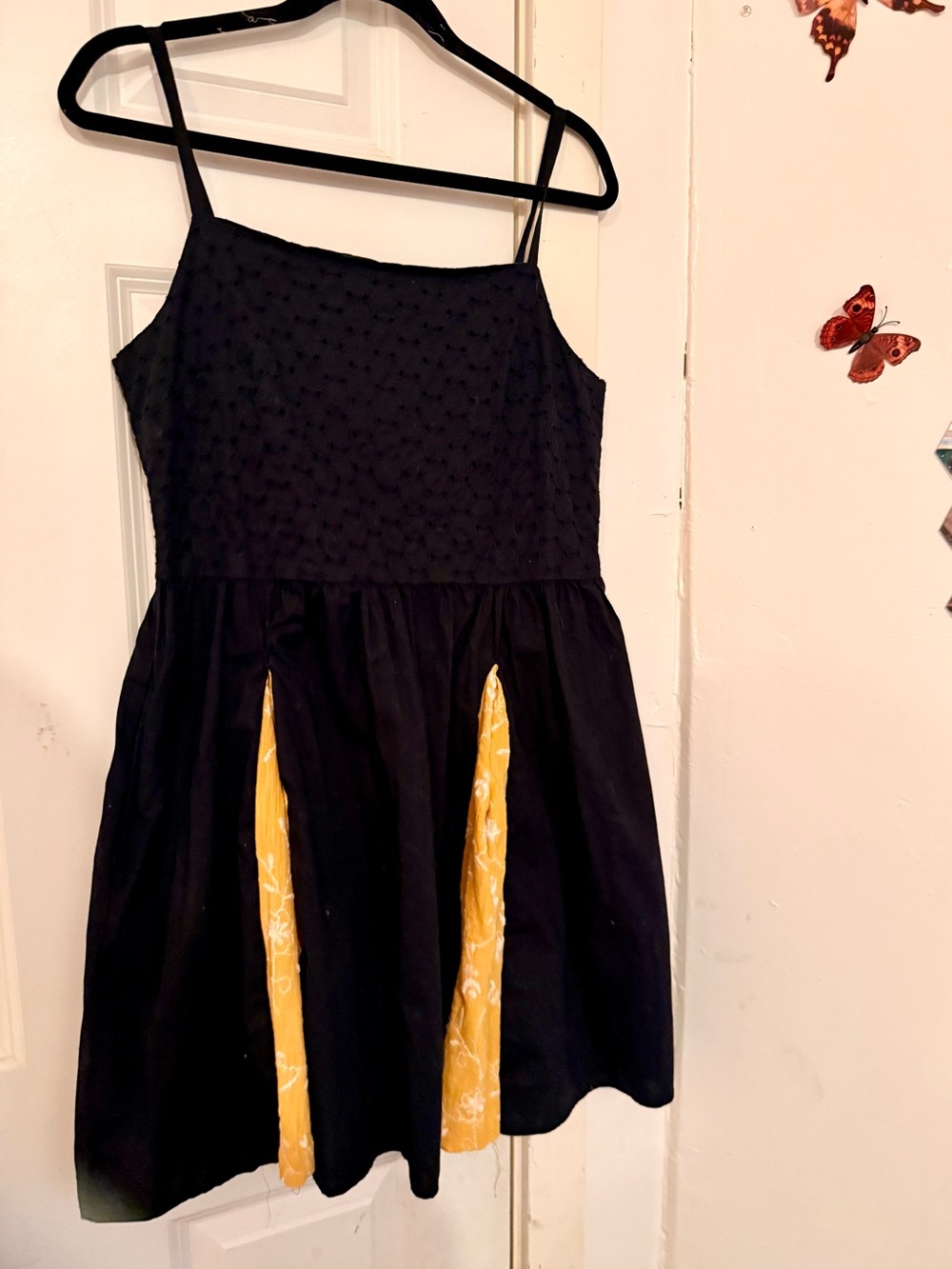 Black Spaghetti-Strap Dress with Yellow Panel Accents